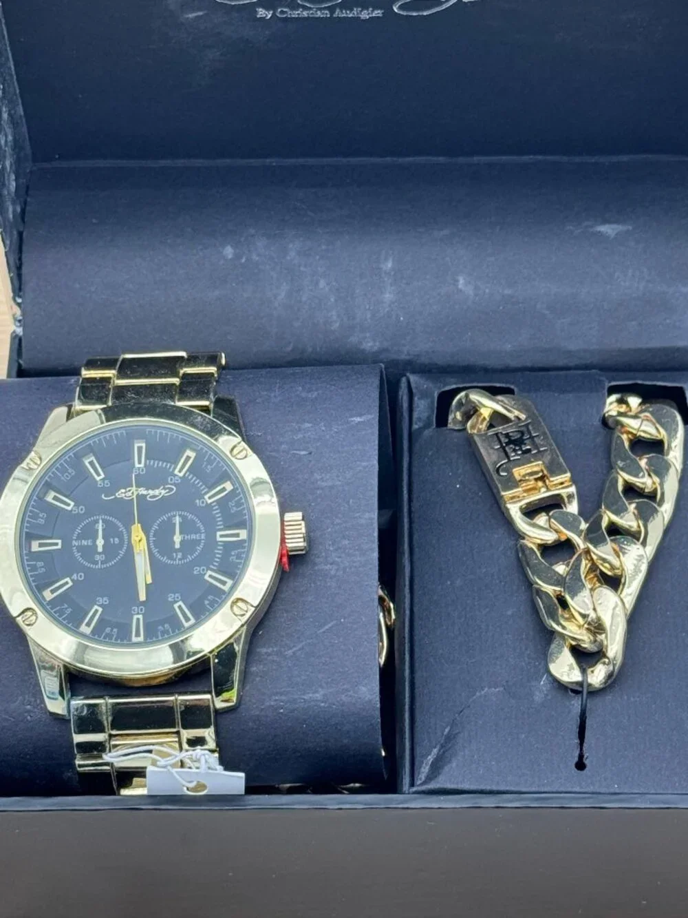 ED HARDY Men's Quartz Movement Shiny Gold Analog Watch, Necklace and Bracelet